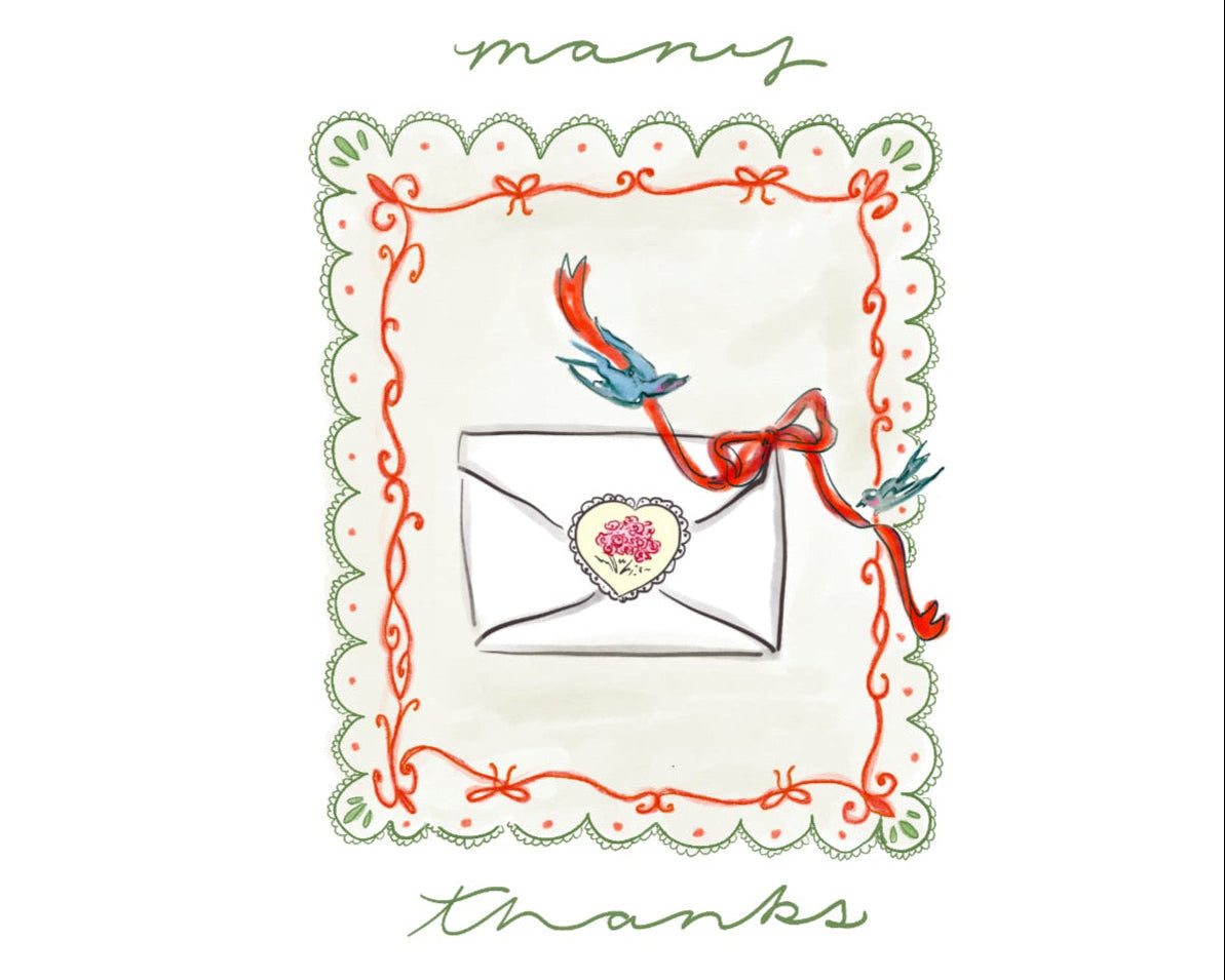 Illustration of a letter with a heart and ribbons on a decorative border with 'many thanks' text.